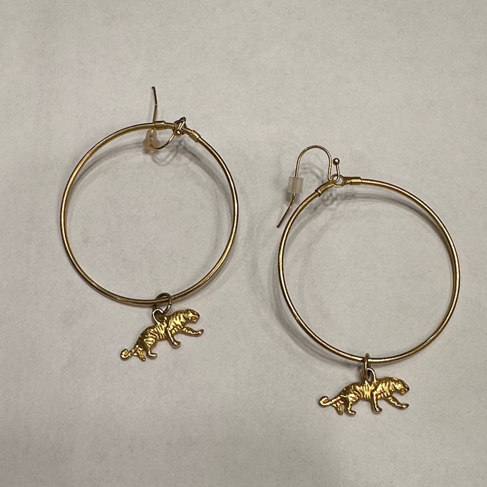 Gold Hoop Earrings with Tiger Charm